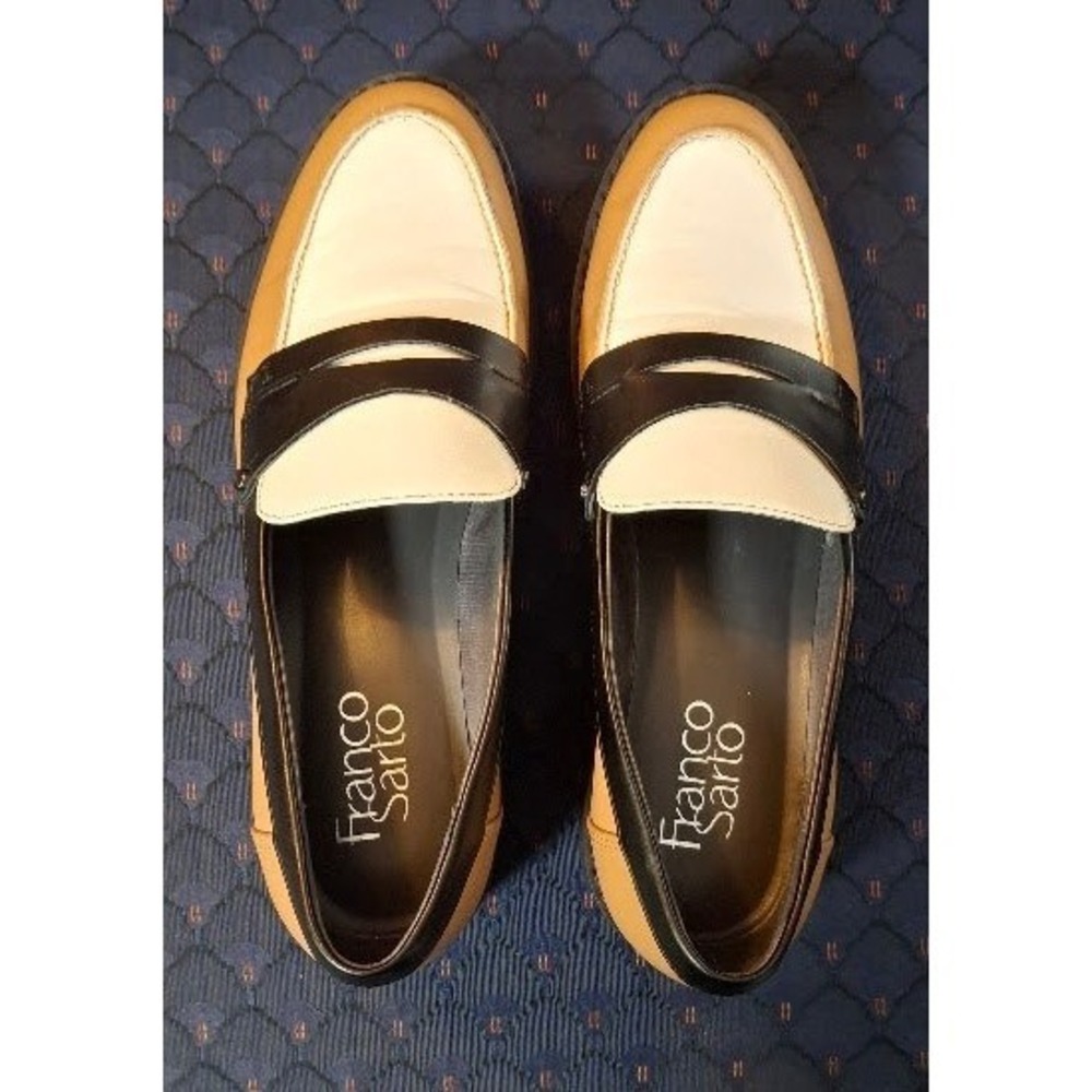 Franco Sarto Womens Tri-Color Platform Lug Sole Penny Loafers Tan Black Cream